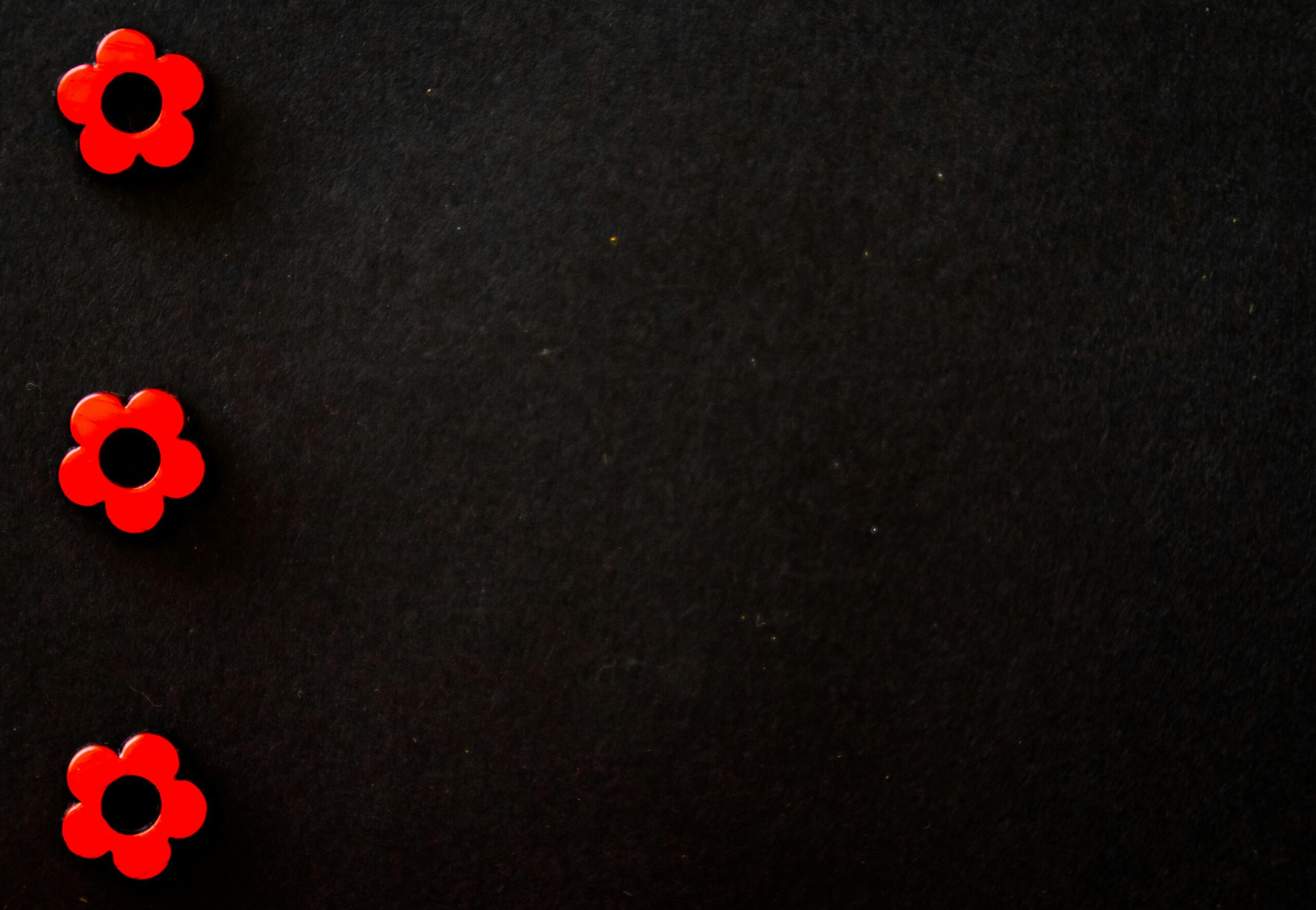 Three red flower beads arranged on a dark, textured background.